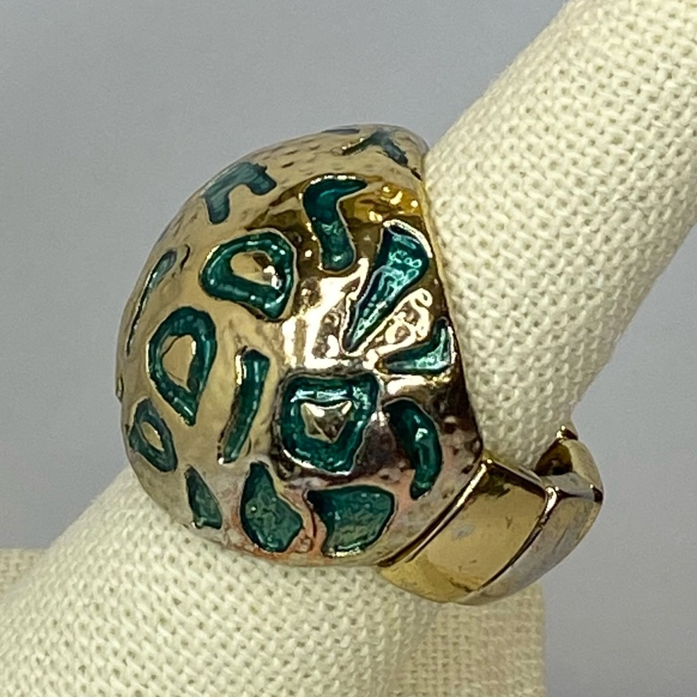 Vintage Green Enamel Gold Tone Textured Dome Expandable Stretch Statement‎ Ring - Picture 4 of 8